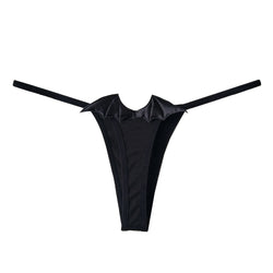 Flat lay view of the back of a black G-string showing bat wings
