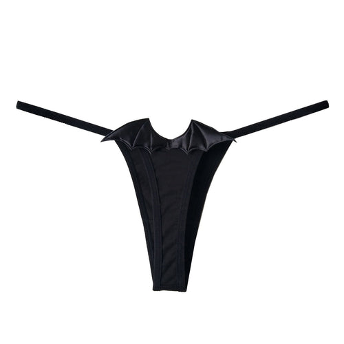 Flat lay view of the back of a black G-string showing bat wings