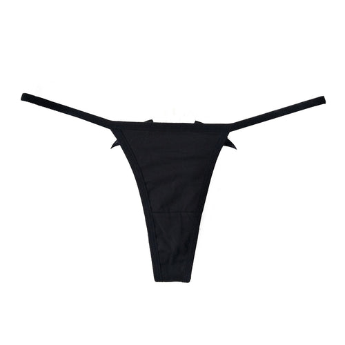 Flat lay view of the front of a black strappy G-string