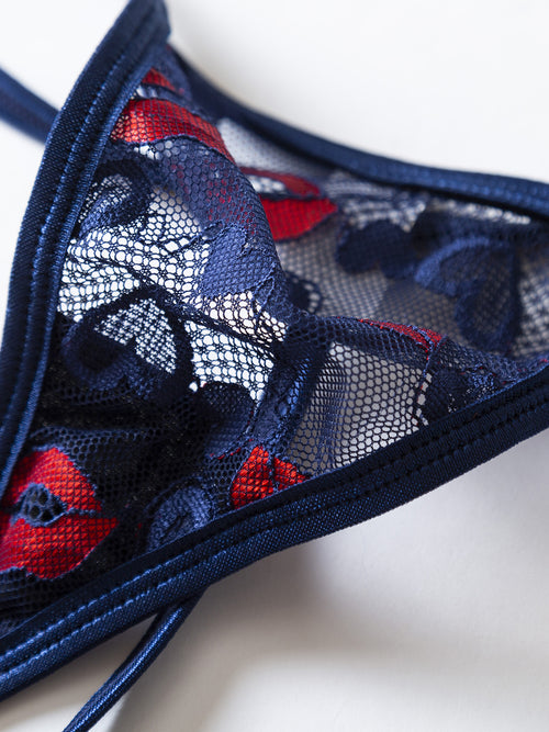 Close-up flat lay showing the soft cotton gusset and seamless edge finish on the matching lip print G-String.
