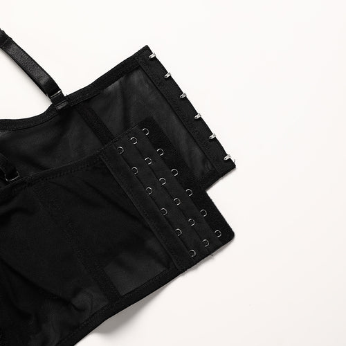 Detailed flat lay view of the wide, multi-row hook-and-eye back closure on the KissKismet noir lace bustier for a secure, structured fit.