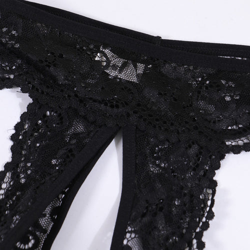 Macro detail shot focusing on the exquisite scalloped lace edges and the daring open-crotch construction.