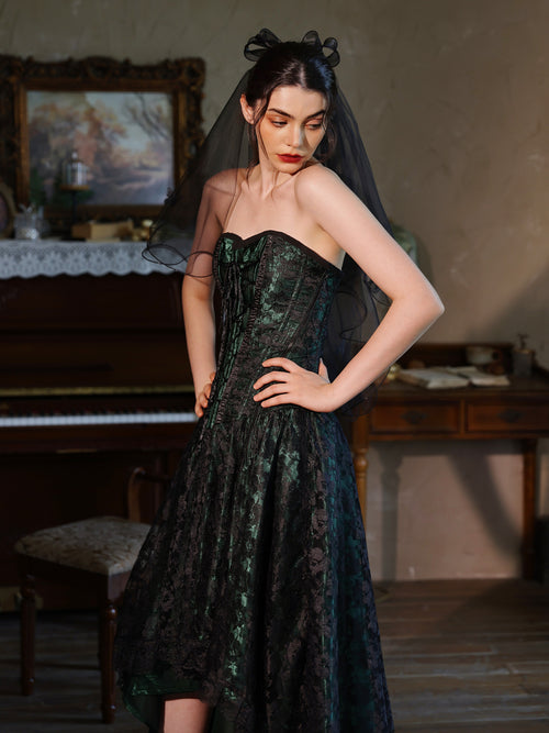 Full-body shot of the model showcasing the elegant drape and length of the short gothic black veil.