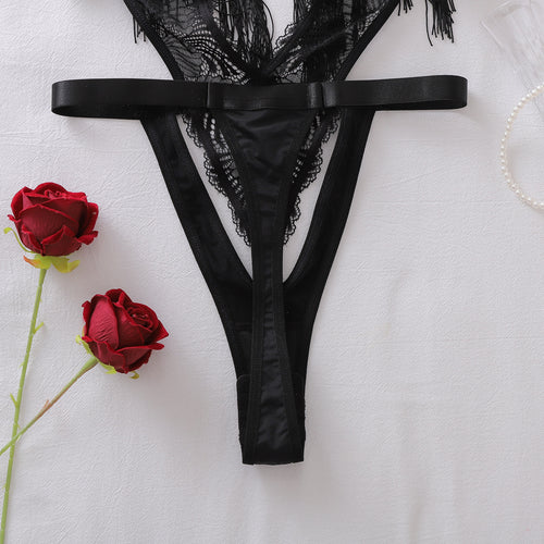 Detailed view of black lace thong and garter style