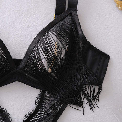 Close-up of delicate fringe trim on black lace bodysuit