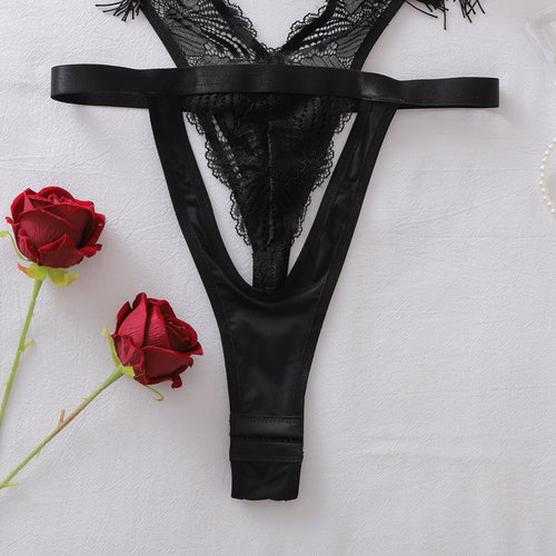 Black lace thong detail of one-piece bodysuit