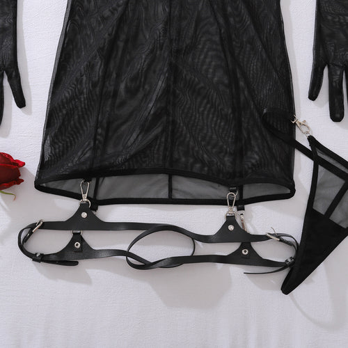 KissKismet Midnight Muse black sheer mesh sculpting bodycon dress featuring adjustable waist belts, matching sheer gloves, and a sexy G-string for a snatched silhouette.
