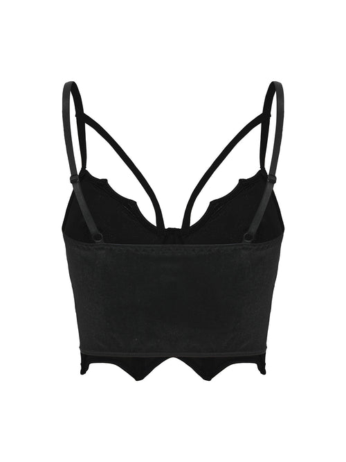 Flat lay back view of a black velvet corset crop top.