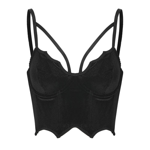 Flat lay front view of a black velvet corset top with a pointed batwing hem.