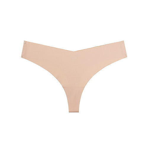 Flat lay presentation of the complete nude low-waisted seamless ice silk thong design.