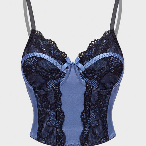 Flat lay front view of the structured midnight blue satin and black lace bustier camisole top against a grey background.