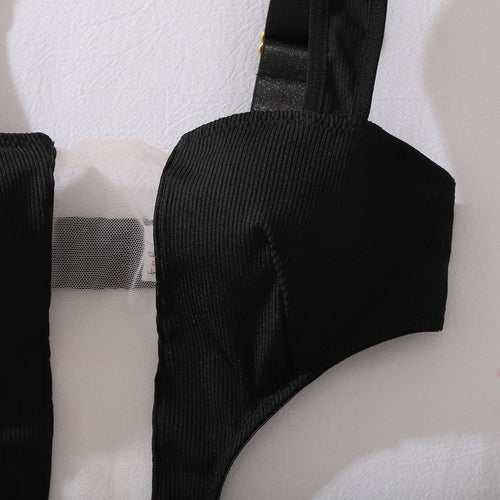 Close-up of rib-knit texture and clear strap detail