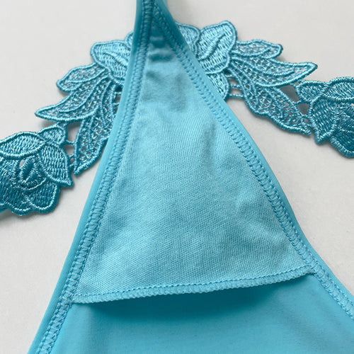Inside view showing the breathable 100% cotton gusset of the aqua blue pearl G-string.