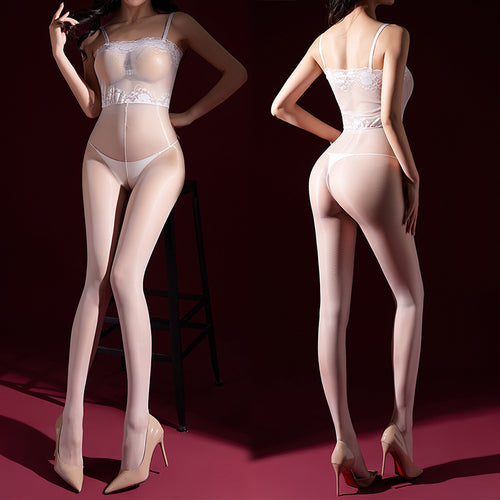 Split image showing both the front lace detailing and the back view of the glossy sheer white bodystocking.