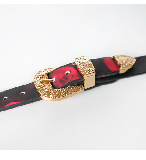 Detailed macro view of the sturdy gold buckle and strap construction of the sensory collar.