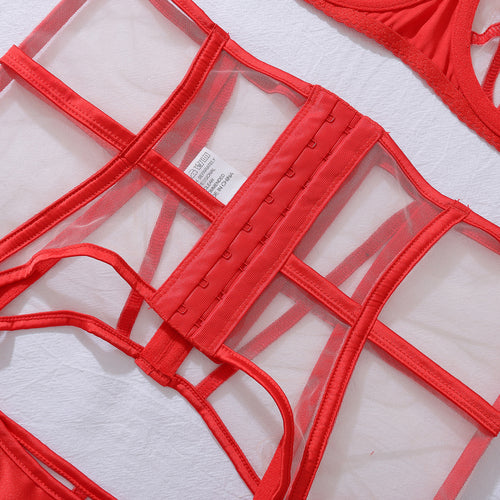 Detailed shot of the sturdy hook-and-eye back closure and sheer red mesh backing of the cage bra.