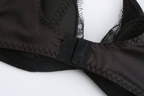 Close-up of the secure hook-and-eye back closure on the KissKismet black satin underwire bra, ensuring a customizable fit.