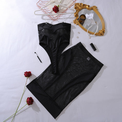 Flat lay shot of the Midnight Muse sheer mesh bodysuit set with gloves and accessories, highlighting the complete provocative ensemble.