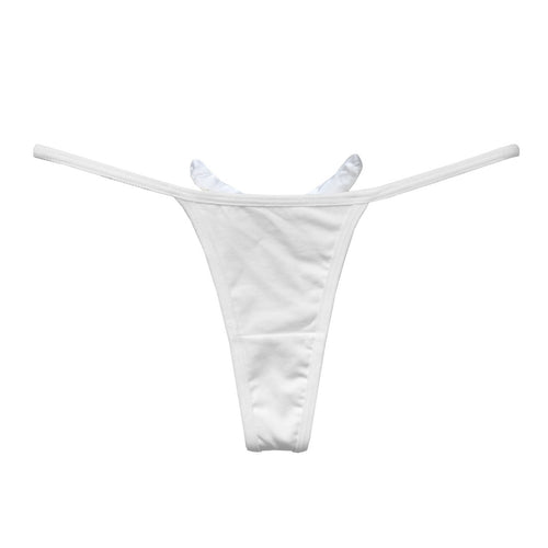 Flat lay view of the back of a white G-string showing angel wings