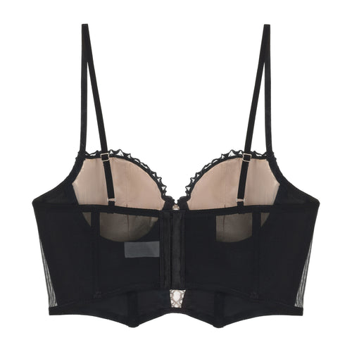 KissKismet black satin longline bustier lingerie set featuring vintage romantic rose embroidery, a seductive lace-up front corset detail, and a matching sheer mesh panty. Perfect for dark coquette aesthetic and lingerie as outerwear.