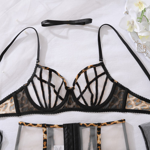 Flat lay detailing the breathable sheer mesh backing and sturdy underwire construction of the leopard bra.