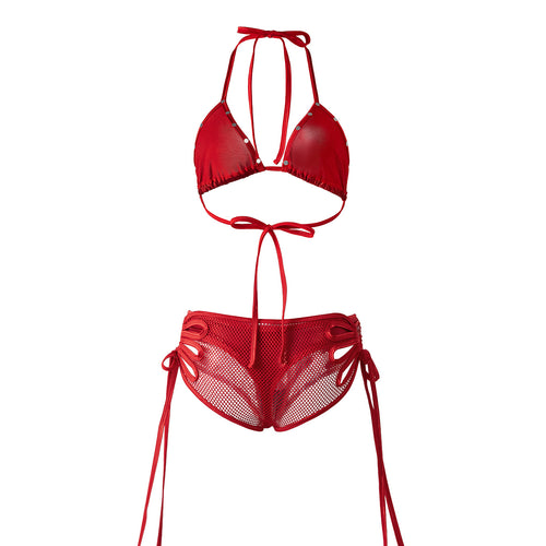 Flat lay back view of metallic red halter bikini set