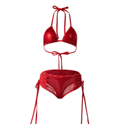 Flat lay front view of metallic red bikini top and tie-side bottom