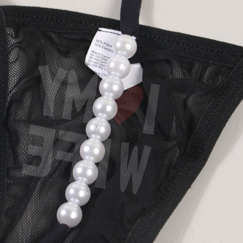 Flat lay front view of the men's erotic sheer mesh G-string, displaying the modern letter print design.