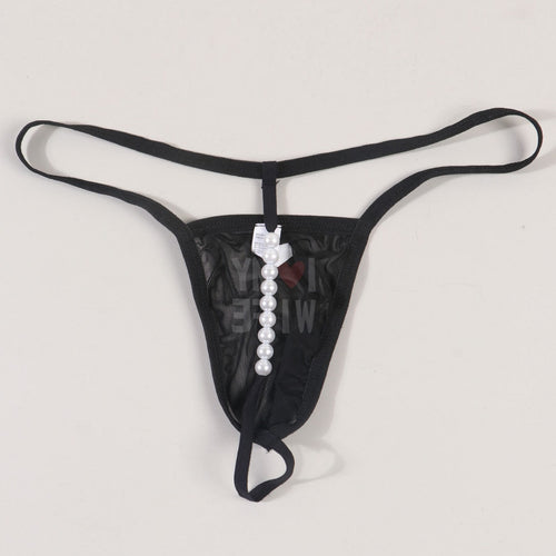 Close-up on-body view showing the breathable see-through mesh and sleek low-waist fit of the letter print underwear.