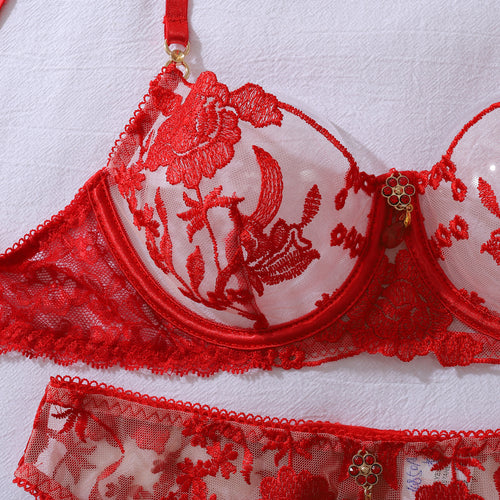 Detailed close-up flat lay of the KissKismet underwire bra, focusing on the heavy-craftsmanship rose appliques on sheer red mesh.