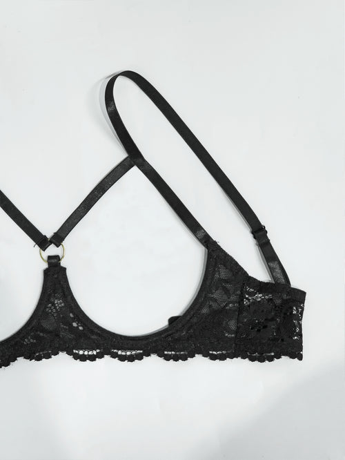 Detailed view of adjustable strap and wired lace cup