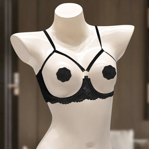Side view of black open-cup lace lingerie on mannequin